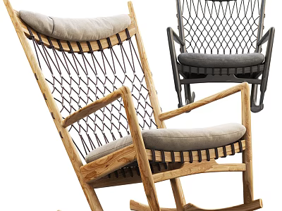 Wooden Frame Rocking Leisure Chair With Woven Pattern And Gray Cushion 3d model