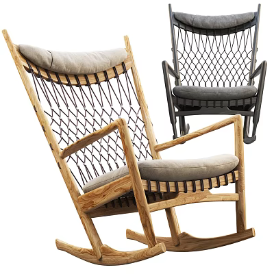 Wooden Frame Rocking Leisure Chair With Woven Pattern And Gray Cushion 3d model
