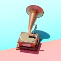 Vintage Wooden Phonograph With Horn Speaker And Turntable On Colorful Background