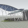 Modern Landscape Pavilion With Blue Transparent Roof White Supporting Structure And Outdoor Seating Area