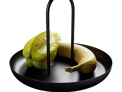 Fresh Ripe Star Fruit and Banana on Black Metal Tray with Handle 3d model