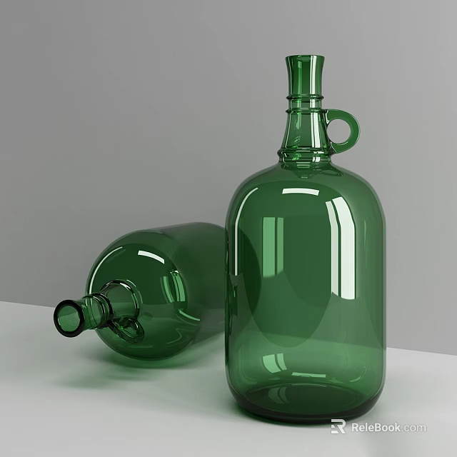 Two Green Glass Wine Bottles With Handles Standing And Lying On White Surface 3d model 