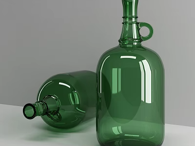 Two Green Glass Wine Bottles With Handles Standing And Lying On White Surface 3d model