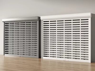 Modern Interior With Gray And White Louvered Storage Cabinets On Wooden Floor 3d model