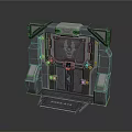 High Tech Equipment Console With Black Metal Frame Green Display Side Panels And Base Platform
