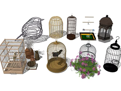Decorative Ornament Set With Various Birdcages Metal Wood Materials And Floral Decor 3d model