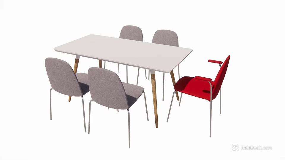Modern Rectangular White Dining Table Set With Three Gray And One Red Chairs 3d model