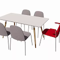 Modern Rectangular White Dining Table Set With Three Gray And One Red Chairs 3d model
