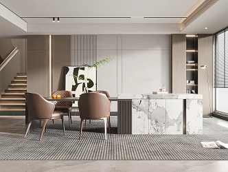 Modern Restaurant Dining Table and Chair Floor Lamp TV Wall Cream Restaurant Stairs TV Cabinet 3d model