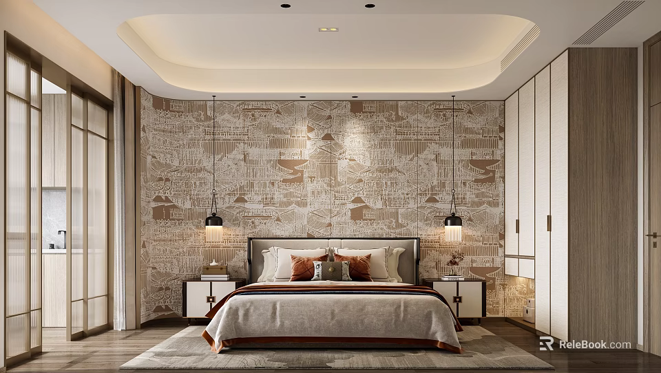 Elegant Bedroom Interior With Patterned Wallpaper Decorative Ceiling Bed Pillows Nightstands Lamps And Wardrobes 3d model 