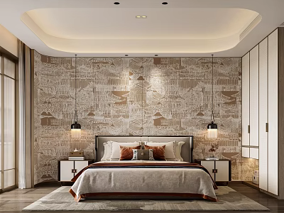 Elegant Bedroom Interior With Patterned Wallpaper Decorative Ceiling Bed Pillows Nightstands Lamps And Wardrobes 3d model