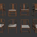 Traditional Chinese Wooden Single Chairs With Various Backrest Designs And Solid Wood Frames 3d model