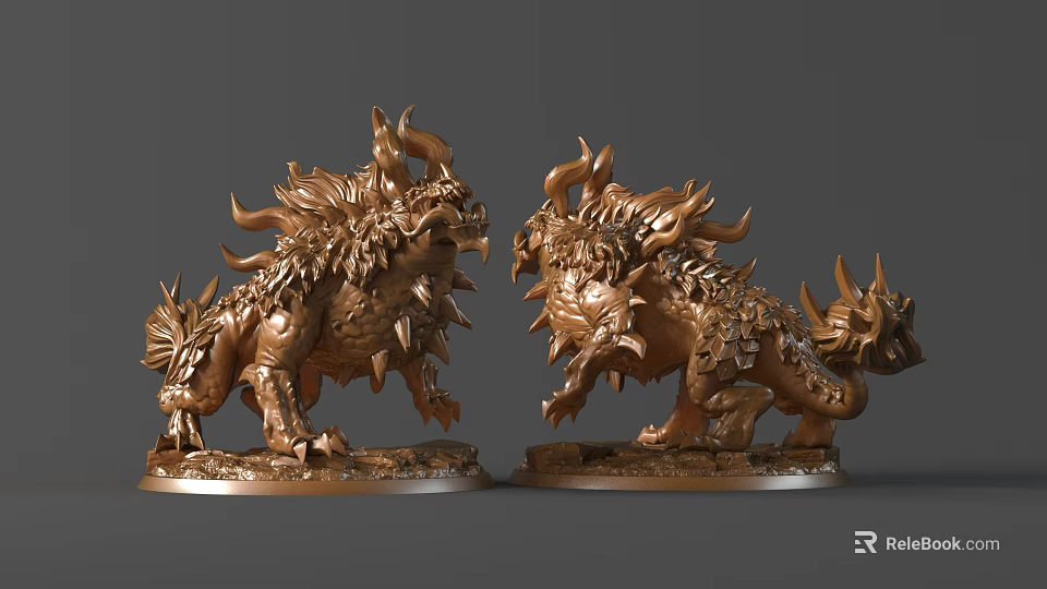 Detailed Golden Mythical Beast Sculptures With Intricate Patterns Flame Decorations Majestic Posture Stable Base 3d model 