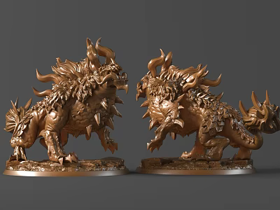 Detailed Golden Mythical Beast Sculptures With Intricate Patterns Flame Decorations Majestic Posture Stable Base 3d model