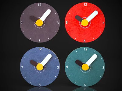 Colorful Purple Red Blue Green Clocks with Numbers 12 3 6 9 White Yellow Hands 3d model