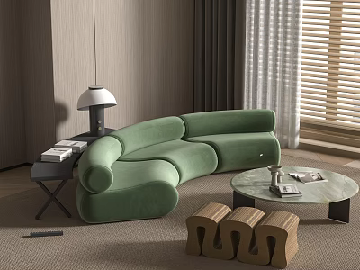 Green Curved Sofa And Round Coffee Table In Modern Living Room Interior 3d model