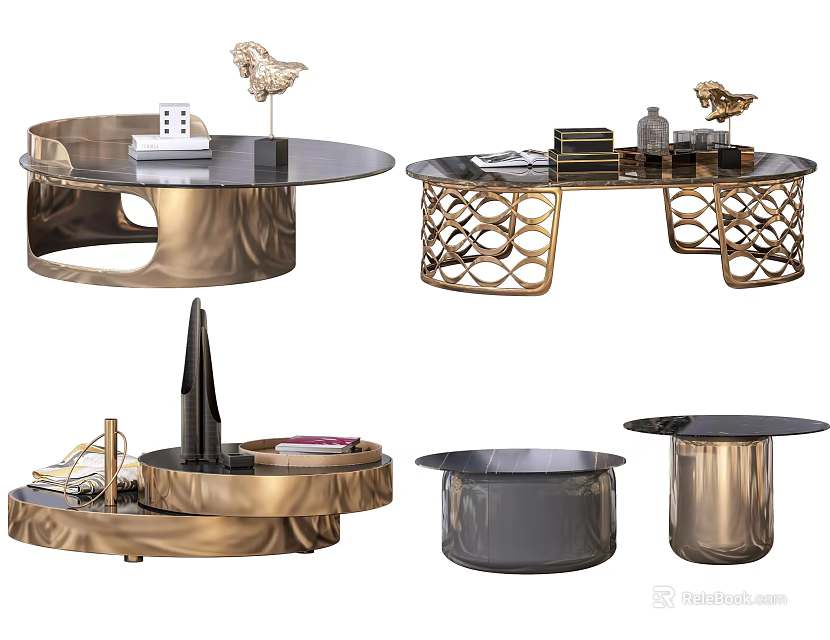 Elegant Modern Coffee Tables With Gold Metallic Frames And Intricate Geometric Base Designs 3d model