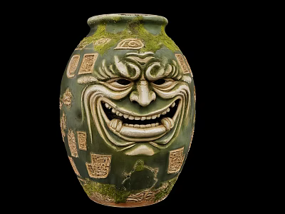 Ancient Green Vase With Carved Mask Design And Square Patterns Mossy Texture 3d model