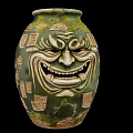 Ancient Green Vase With Carved Mask Design And Square Patterns Mossy Texture