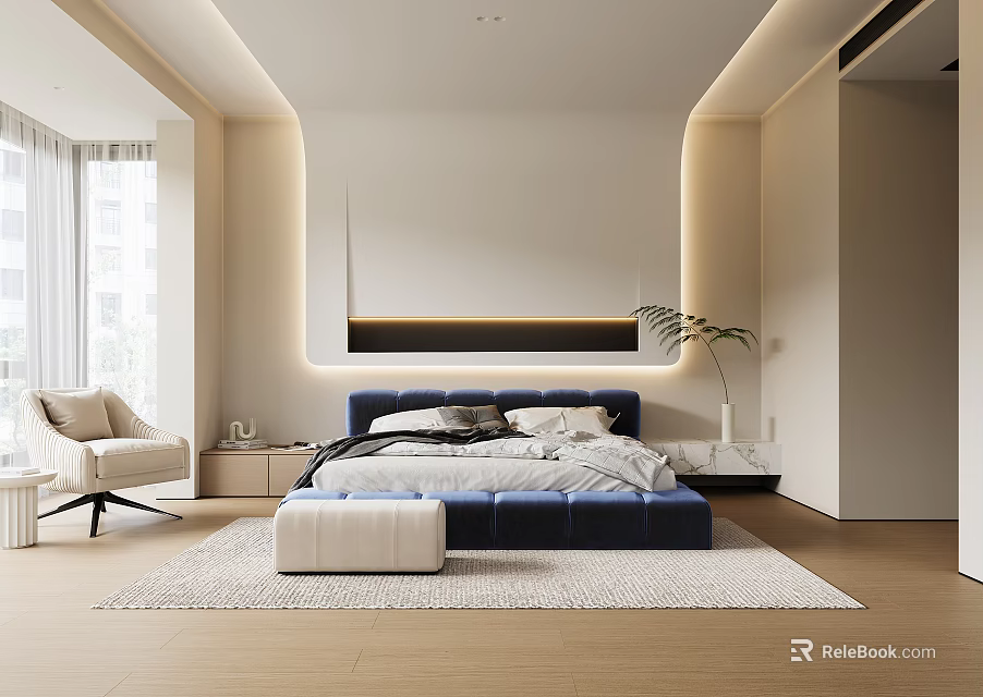 Modern Bedroom Interior Design With Blue Upholstered Bed LED Strip Lighting Nightstands And Armchair Rug 3d model 