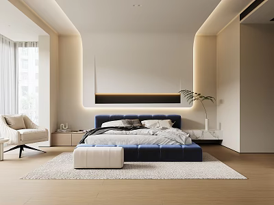 Modern Bedroom Interior Design With Blue Upholstered Bed LED Strip Lighting Nightstands And Armchair Rug 3d model