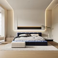 Modern Bedroom Interior Design With Blue Upholstered Bed LED Strip Lighting Nightstands And Armchair Rug