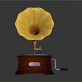 Vintage Gramophone With Yellow Flower Shaped Horn Red Center Black Turntable And Wooden Base