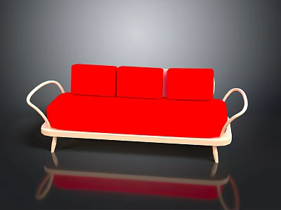 Red Sofa With Three Red Cushions Curved Light Wooden Armrests And Legs Modern Design 3d model