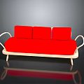 Red Sofa With Three Red Cushions Curved Light Wooden Armrests And Legs Modern Design
