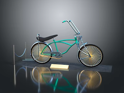 Vintage Green Bicycle With Black Seat Spoked Wheels Parked With Chain Yellow Sign And Dark Background Reflection 3d model
