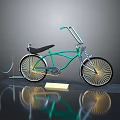 Vintage Green Bicycle With Black Seat Spoked Wheels Parked With Chain Yellow Sign And Dark Background Reflection