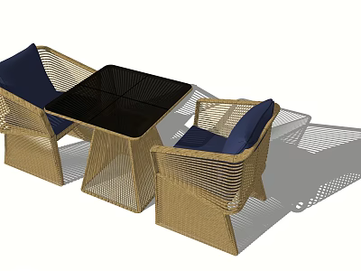 Rattan Outdoor Table And Chairs Set With Glass Top And Blue Cushions 3d model