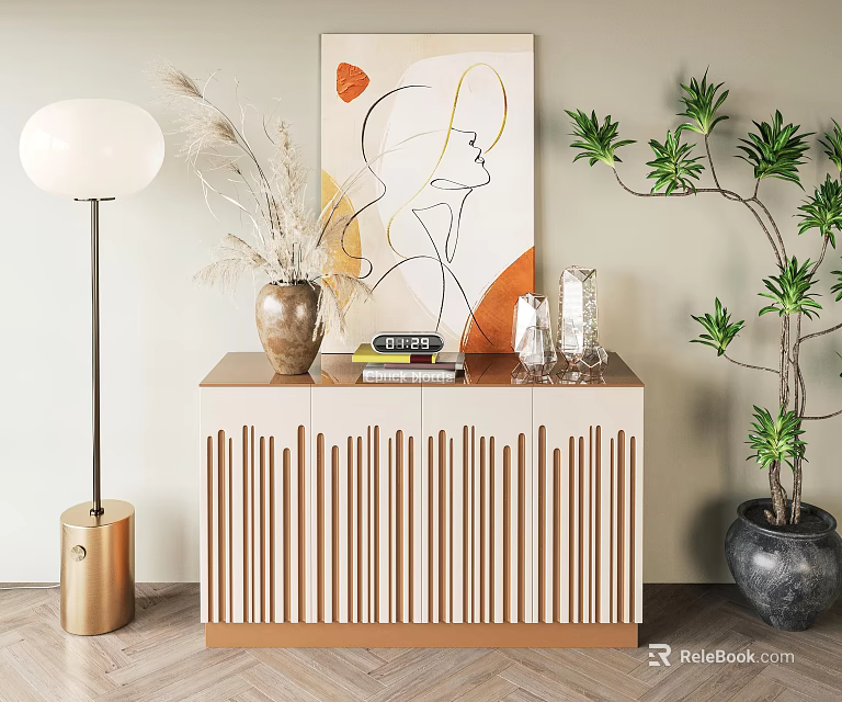 Modern Console Table with Decorative Vase Books Candles Floor Lamp and Potted Plant Artwork 3d model 