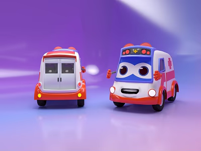 Red White Cartoon Ambulance Toy Vehicles With Cute Faces Headlights And Shiny Surface 3d model