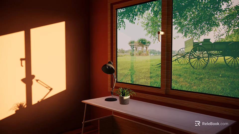 Desk Lamp On Desk With Potted Plant By Window Overlooking Grass Trees Gazebo Horse Carriage 3d model 
