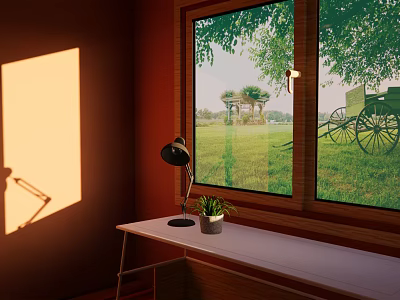 Desk Lamp On Desk With Potted Plant By Window Overlooking Grass Trees Gazebo Horse Carriage 3d model