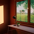 Desk Lamp On Desk With Potted Plant By Window Overlooking Grass Trees Gazebo Horse Carriage