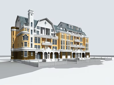 Yellow And White European Style Building With Multiple Balconies Gray Roof Tower And White Fence 3d model