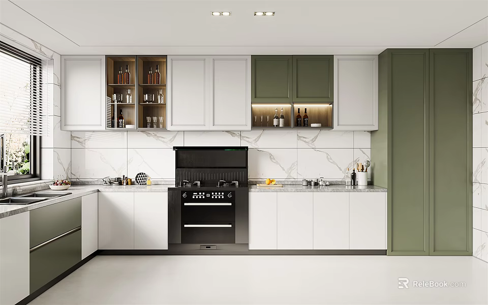 Modern Kitchen Interior Design With White Green Cabinets And Marble Counter Appliances 3d model 