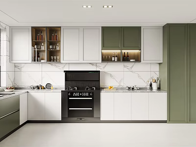 Modern Kitchen Interior Design With White Green Cabinets And Marble Counter Appliances 3d model