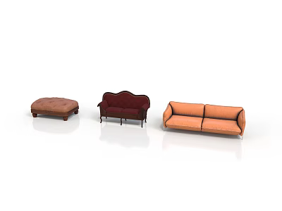 Classic Furniture Set With Brown Ottoman Burgundy Armchair And Orange Sofa 3d model