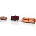 Classic Furniture Set With Brown Ottoman Burgundy Armchair And Orange Sofa