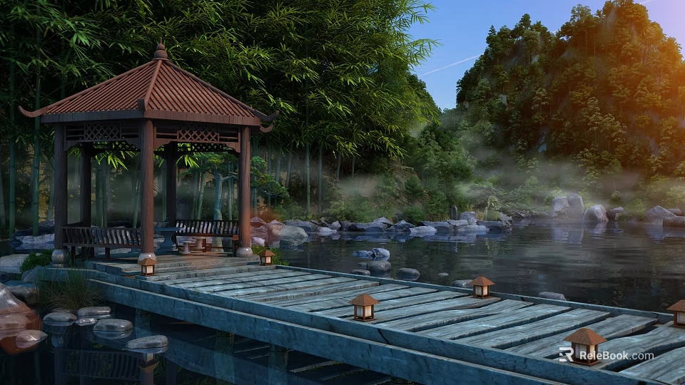 Ancient Chinese Pavilion with Red Roof by Lake in Bamboo Grove Wooden Path and Lanterns 3d model 