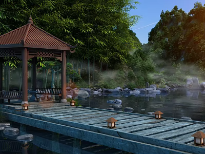 Ancient Chinese Pavilion with Red Roof by Lake in Bamboo Grove Wooden Path and Lanterns 3d model