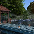Ancient Chinese Pavilion with Red Roof by Lake in Bamboo Grove Wooden Path and Lanterns