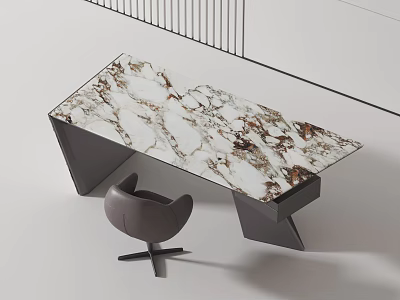 Modern Writing Desk With Marble Tabletop And Black Metal Frame And Accent Chair 3d model