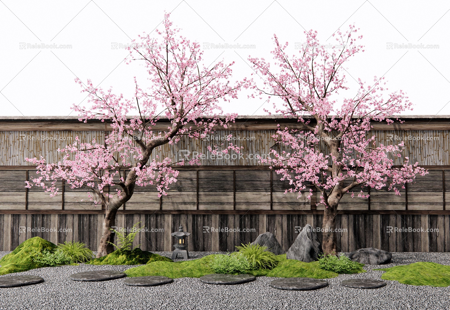 Peach Tree Old Pile Peach Blossom Tree Landscape Tree Cherry Blossom Tree Courtyard Landscape Sitches Ting Step Moss Plant Landscaping Stone Enclosure 3d model