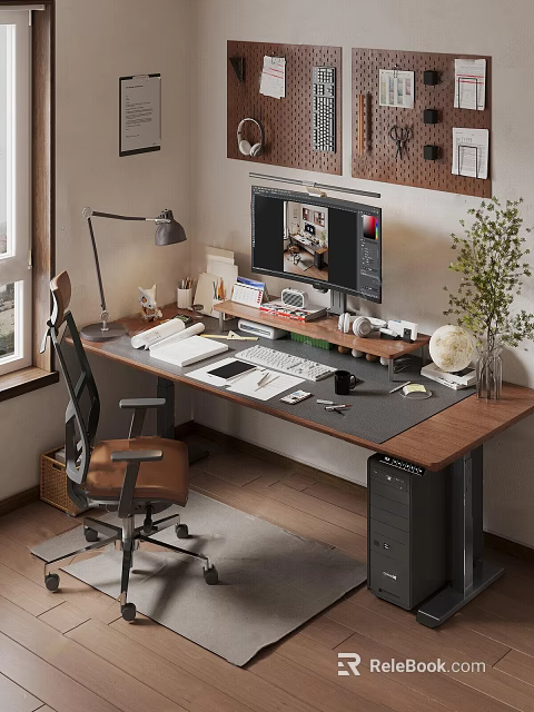 Organized Office Desk With Computer Monitor Keyboard Desk Lamp Notebook Globe And Potted Plant 3d model 