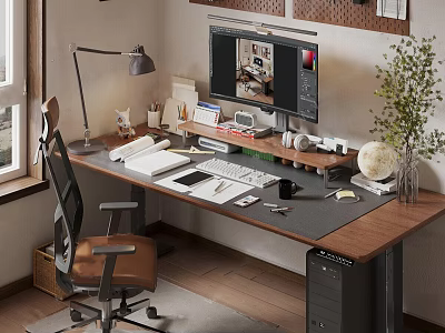 Organized Office Desk With Computer Monitor Keyboard Desk Lamp Notebook Globe And Potted Plant 3d model