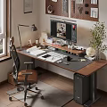 Organized Office Desk With Computer Monitor Keyboard Desk Lamp Notebook Globe And Potted Plant